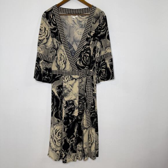 Talbots Dress Womens 16 Black Beige Floral Houndstooth Pattern Wrap Midi Classic - Picture 1 of 8